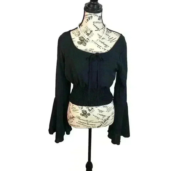 Rumwe Juniors Small Black Crop Top Elastic Bell Sleeves L/S - Picture 1 of 6